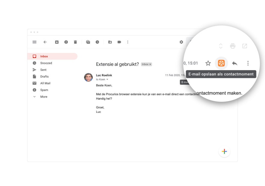 Screenshot van waar contactmomenten in de Gmail interface geplaatst worden